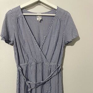 Naif Blue Stripe Wrap Dress Size m Elastic Waist Ruffle Hem